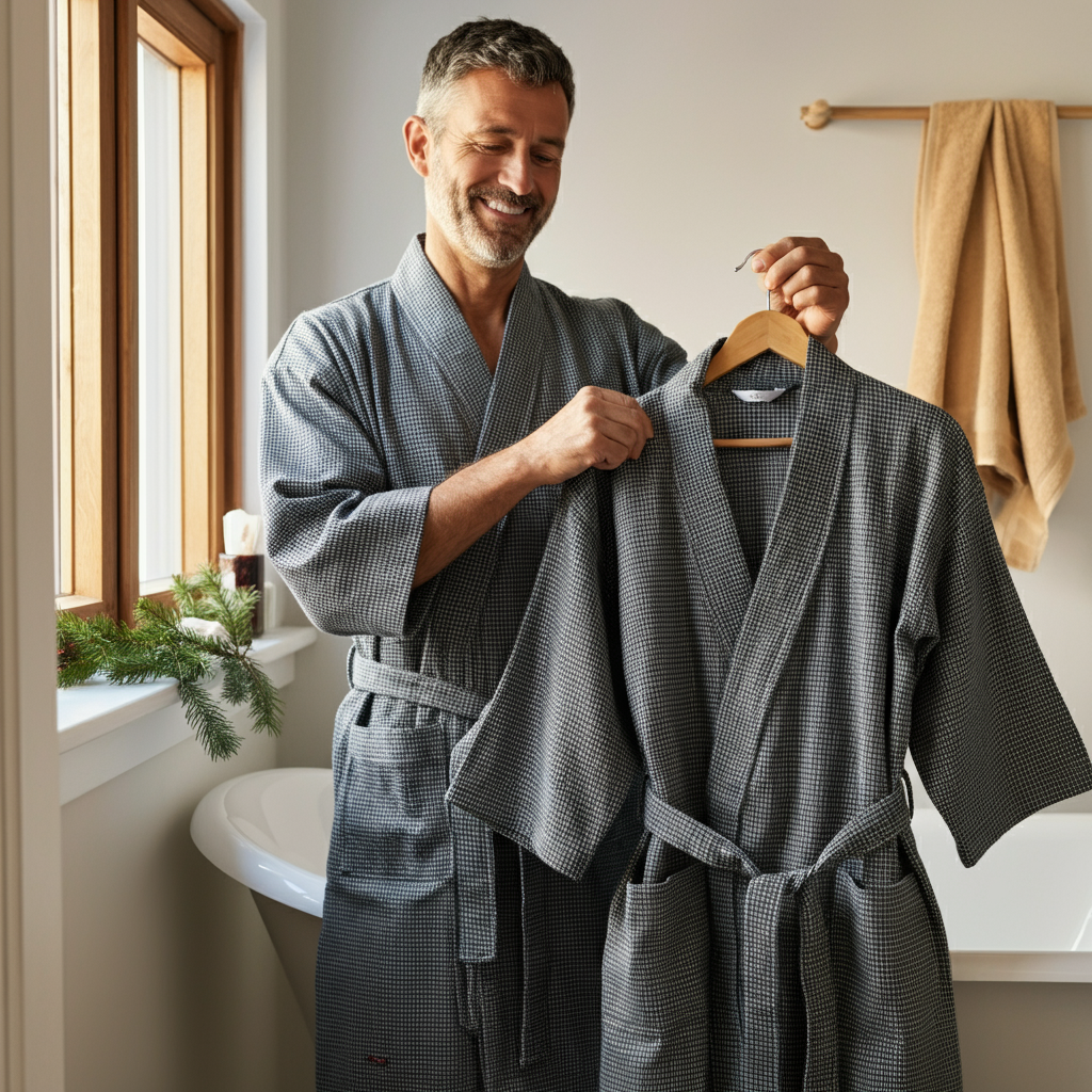 Man presenting a kimono robe to his houseguest