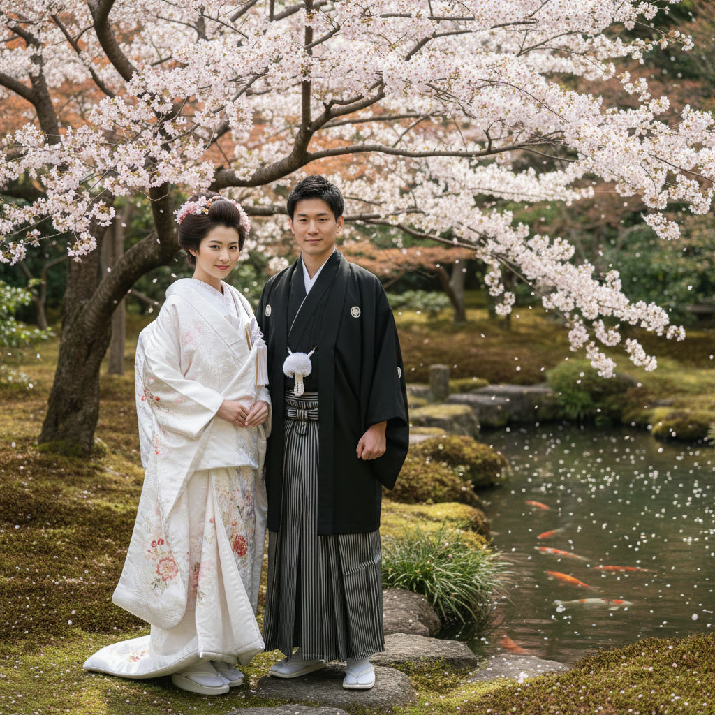 Couple being wed in kimonos