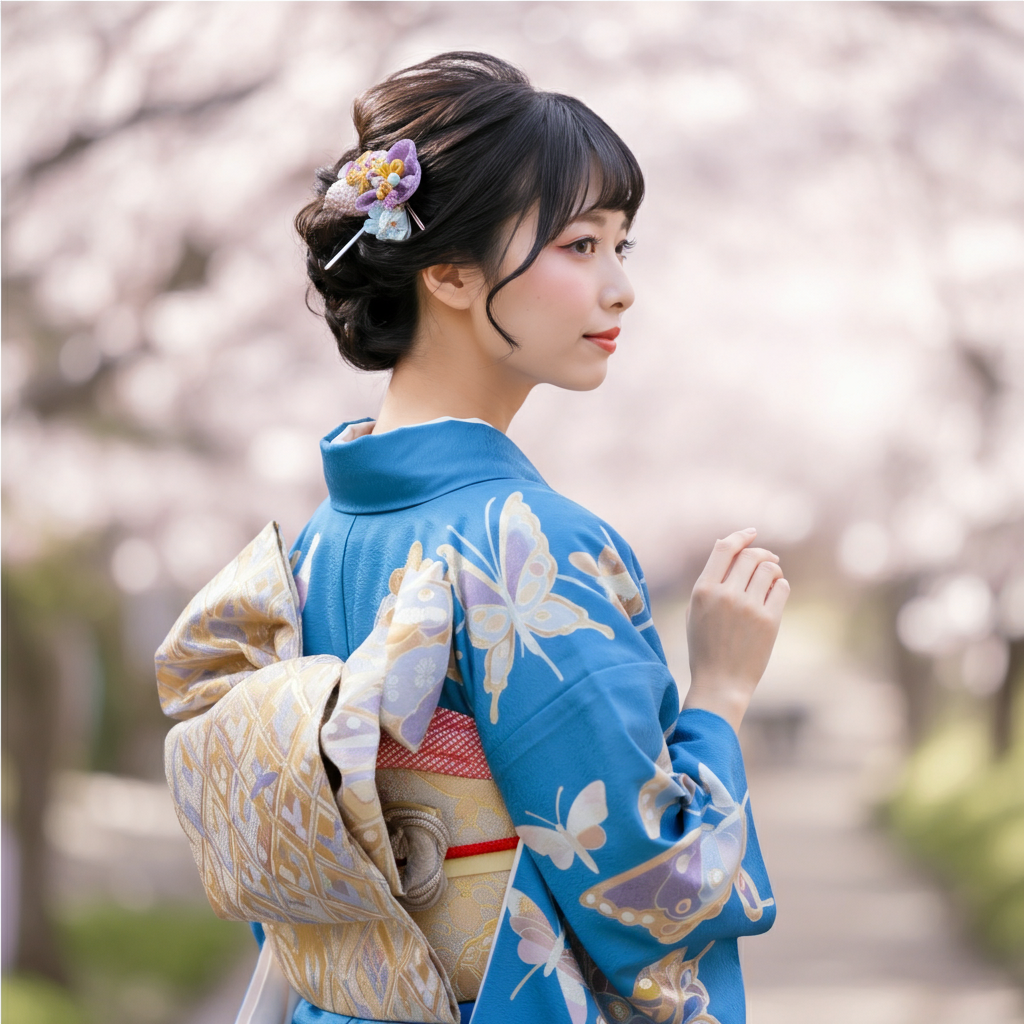 formal obi on a butterfly-themed kimono