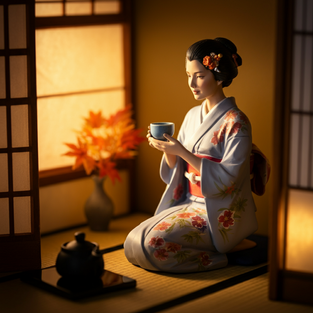 A woman wearing a kimono is warming up with a cup of tea.