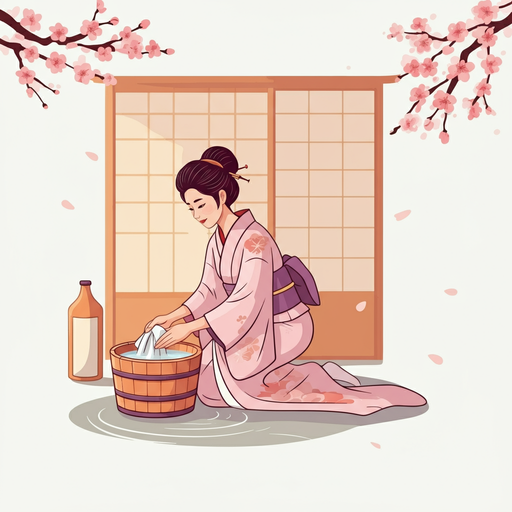 Caricature of a woman washing a kimono