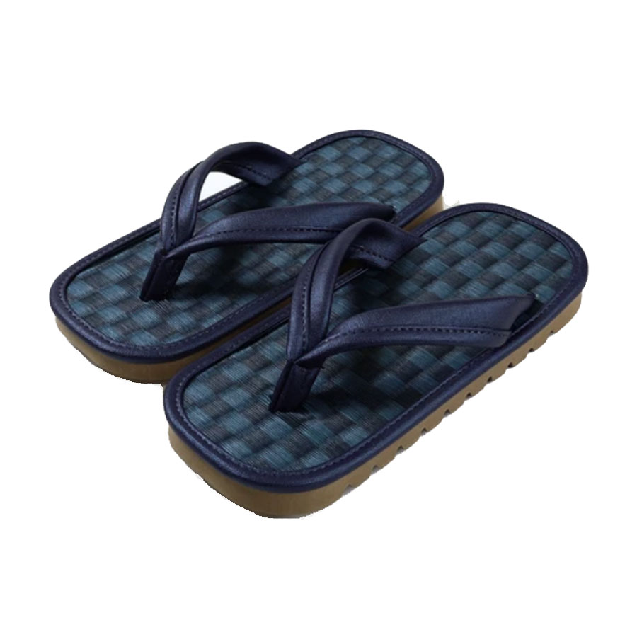 Men's navy blue Japanese Setta sandals with checkered synthetic tatami-style footbed.